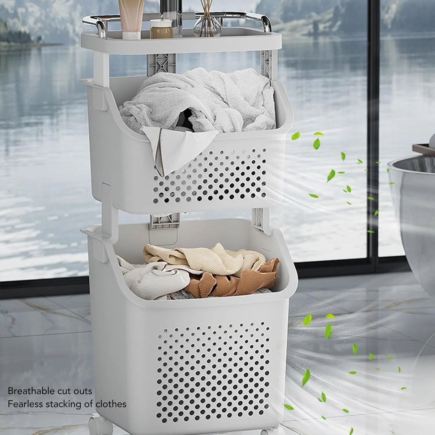 Rolling Laundry Hamper, Wheeled Handle Easy Clothes Room Basket Large Bathroom Baskets Dirty Dorm Clothing Organizer Blanket Storage Cart Sorter Section Tall Hampers (2 Tier)