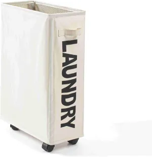 Rolling Slim Laundry Baskets Hamper Collapsible Dirty Clothes Hamper Tall Thin Laundry Basket Hamper on Wheels Home Corner Handy Waterproof Sorter Organizer Dorm Bathroom (Beige)