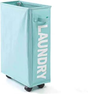 Rolling Slim Laundry Baskets Hamper Collapsible Dirty Clothes Hamper Tall Thin Laundry Basket Hamper on Wheels Home Corner Handy Waterproof Sorter Organizer Dorm Bathroom (Blue)