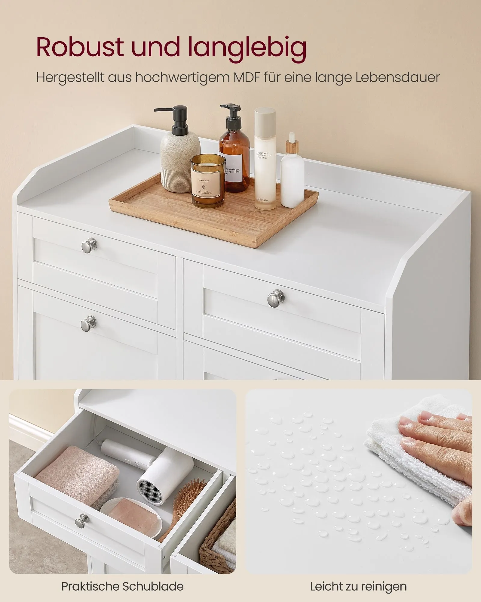 Rootz Bathroom Cabinet with Laundry Baskets - Organizer Cabinet - Storage Drawer System - MDF - Polyester Fabric - 40cm x 78.9cm x 80.2cm