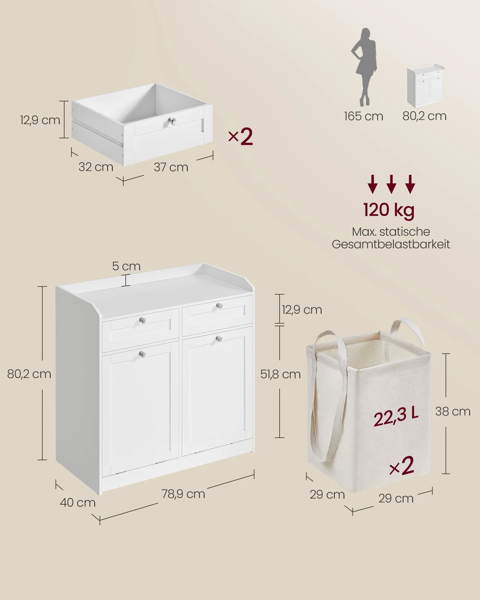 Rootz Bathroom Cabinet with Laundry Baskets - Organizer Cabinet - Storage Drawer System - MDF - Polyester Fabric - 40cm x 78.9cm x 80.2cm