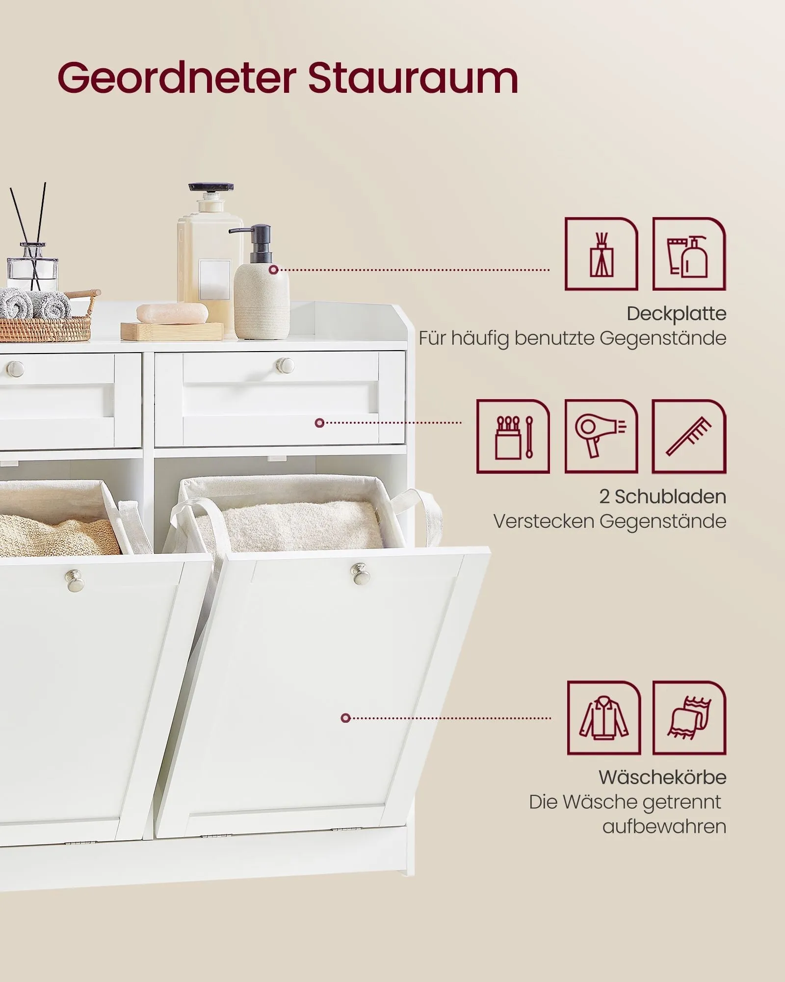 Rootz Bathroom Cabinet with Laundry Baskets - Organizer Cabinet - Storage Drawer System - MDF - Polyester Fabric - 40cm x 78.9cm x 80.2cm