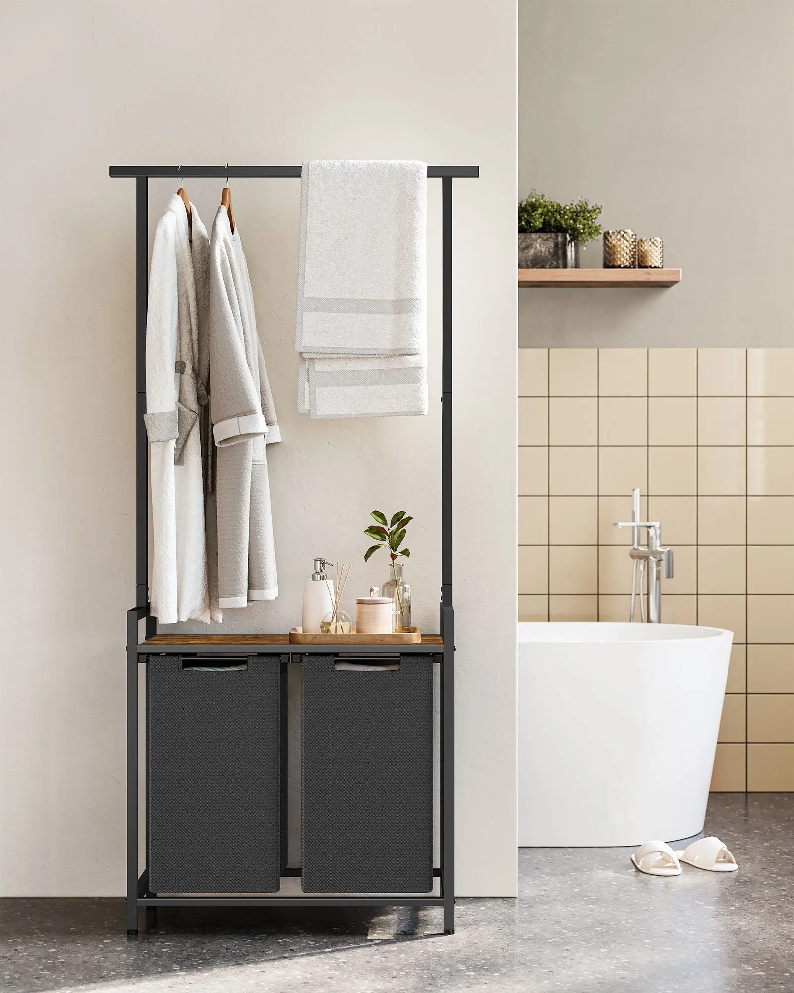 Rootz Laundry Basket Set Clothes Rail Shelf - Vintage Brown - Classic Black - Particle Board - Steel - Oxford Cloth - 73cm x 33cm x 177cm