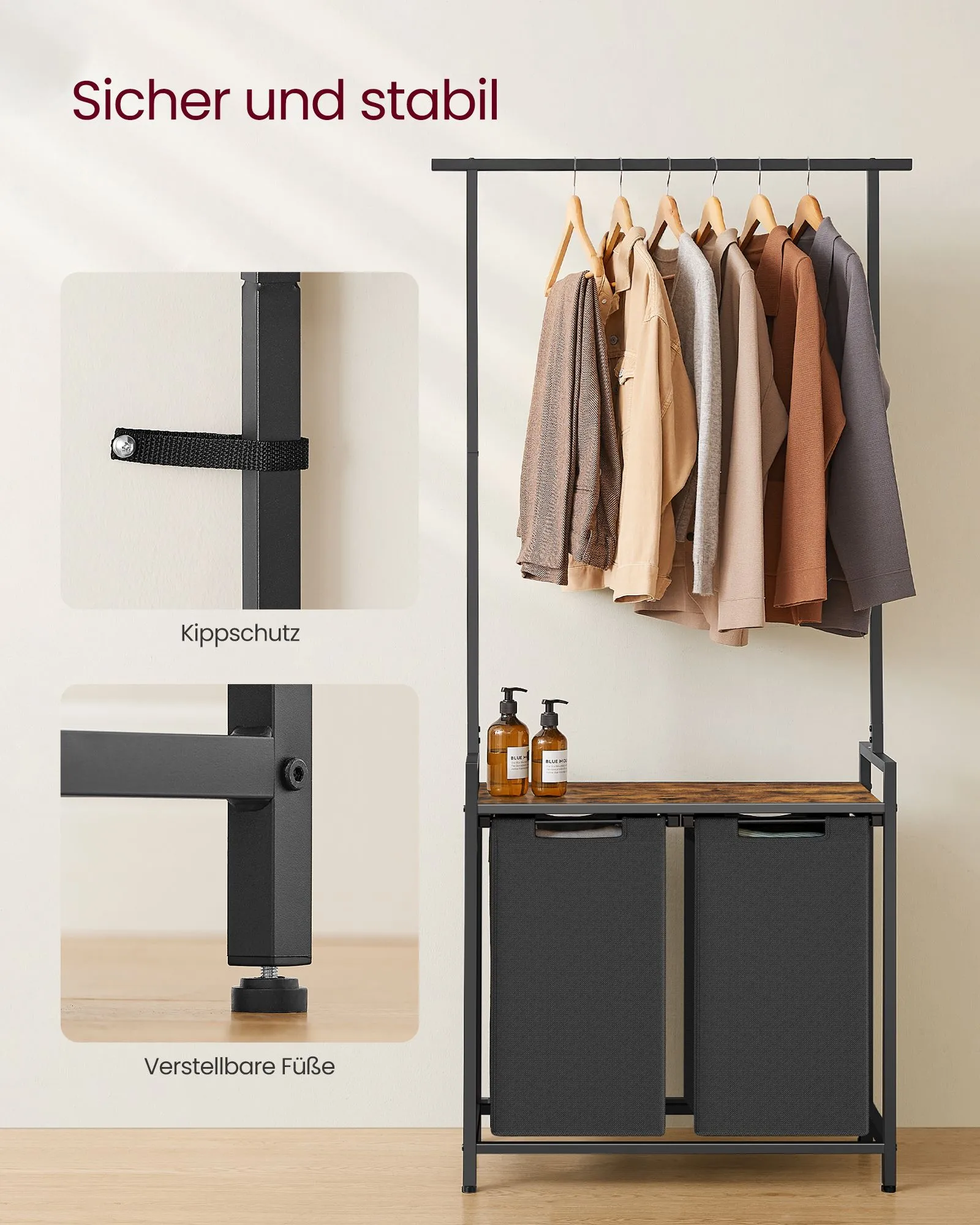 Rootz Laundry Basket Set Clothes Rail Shelf - Vintage Brown - Classic Black - Particle Board - Steel - Oxford Cloth - 73cm x 33cm x 177cm