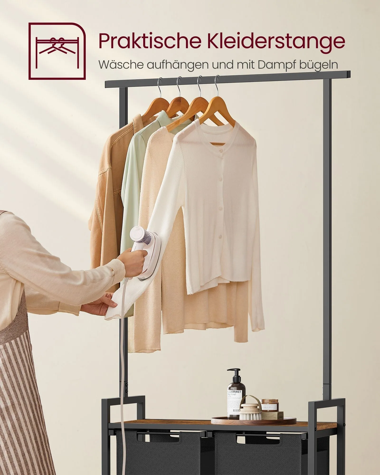 Rootz Laundry Basket Set Clothes Rail Shelf - Vintage Brown - Classic Black - Particle Board - Steel - Oxford Cloth - 73cm x 33cm x 177cm