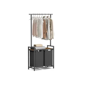 Rootz Laundry Basket Set Clothes Rail Shelf - Vintage Brown - Classic Black - Particle Board - Steel - Oxford Cloth - 73cm x 33cm x 177cm