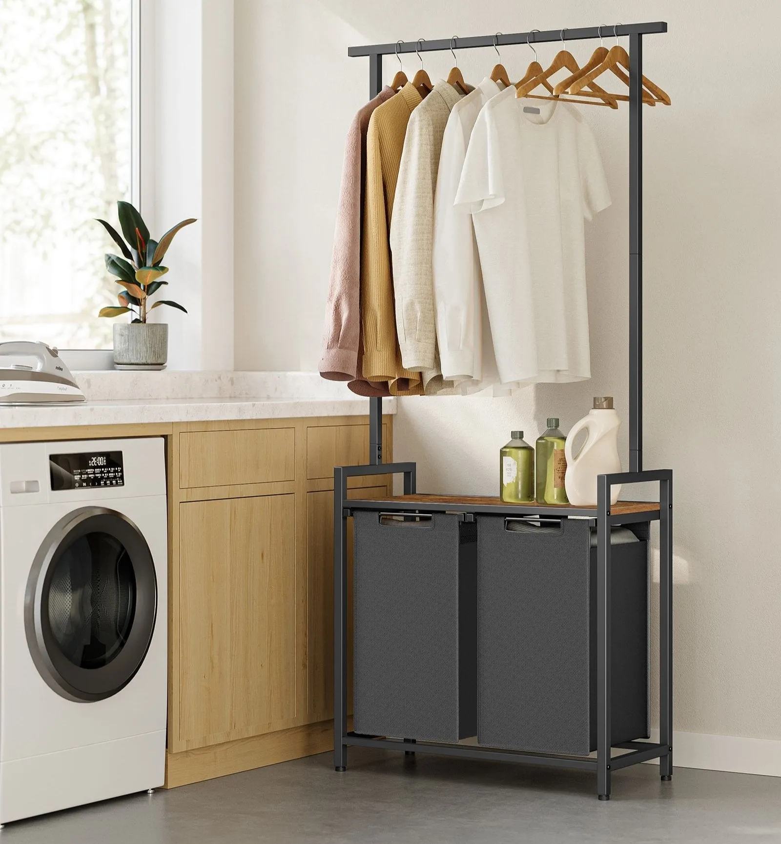 Rootz Laundry Basket Set Clothes Rail Shelf - Vintage Brown - Classic Black - Particle Board - Steel - Oxford Cloth - 73cm x 33cm x 177cm