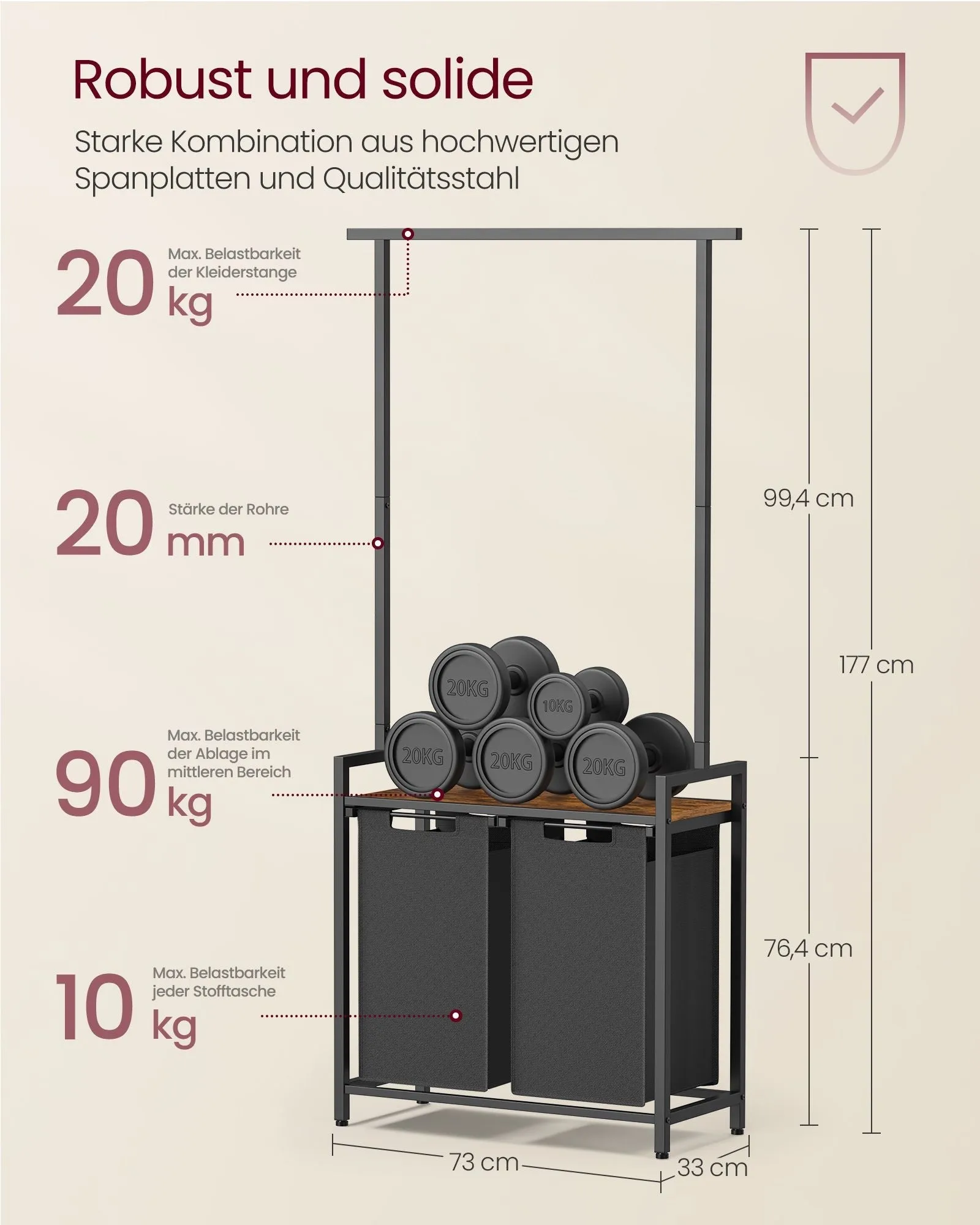 Rootz Laundry Basket Set Clothes Rail Shelf - Vintage Brown - Classic Black - Particle Board - Steel - Oxford Cloth - 73cm x 33cm x 177cm
