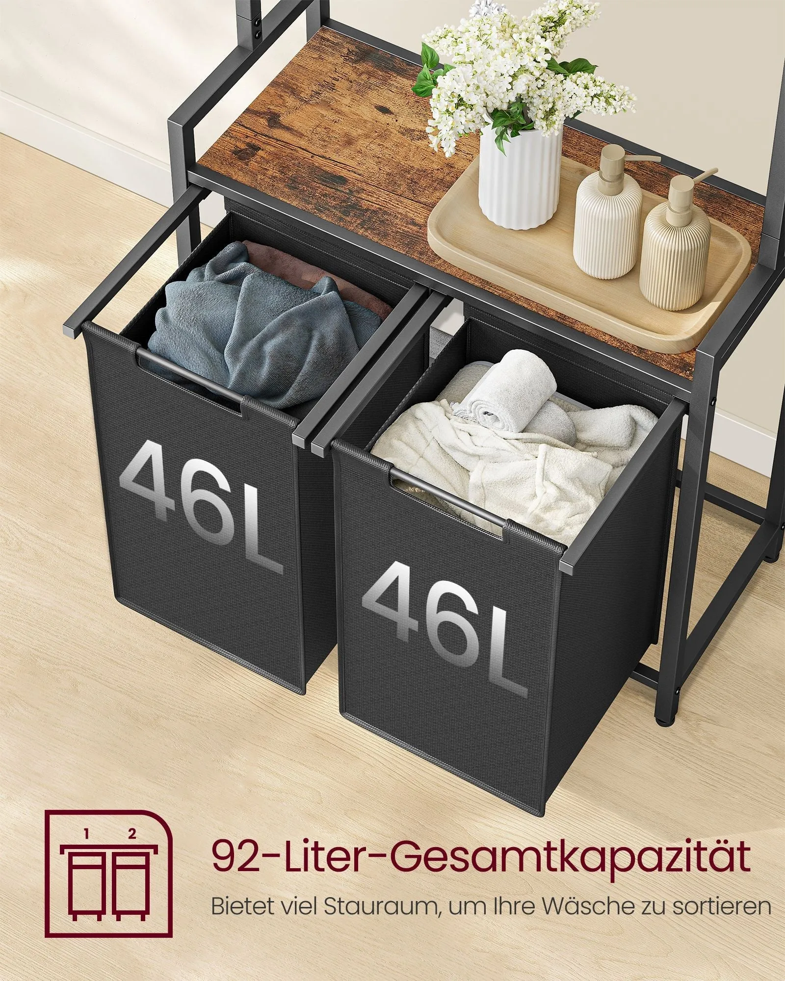 Rootz Laundry Basket Set Clothes Rail Shelf - Vintage Brown - Classic Black - Particle Board - Steel - Oxford Cloth - 73cm x 33cm x 177cm