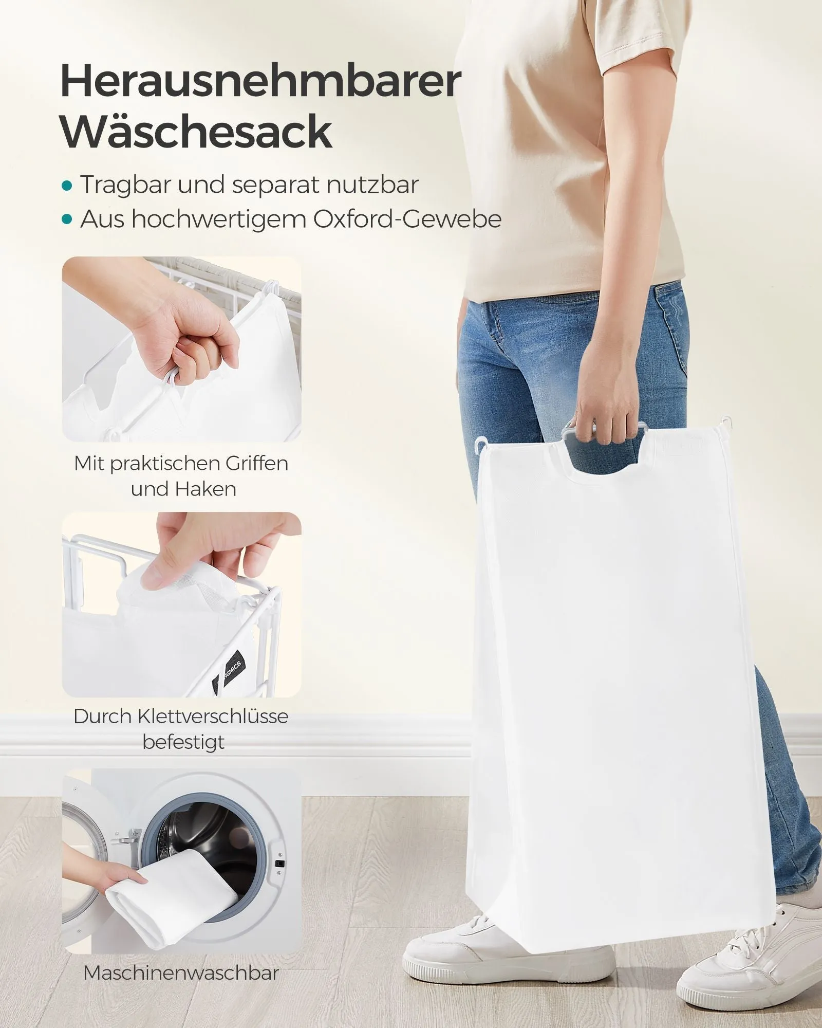Rootz Laundry Basket with Wheels - White Basket - Rolling Hamper - Steel Construction - Oxford Cloth - 66cm x 33cm x 65cm