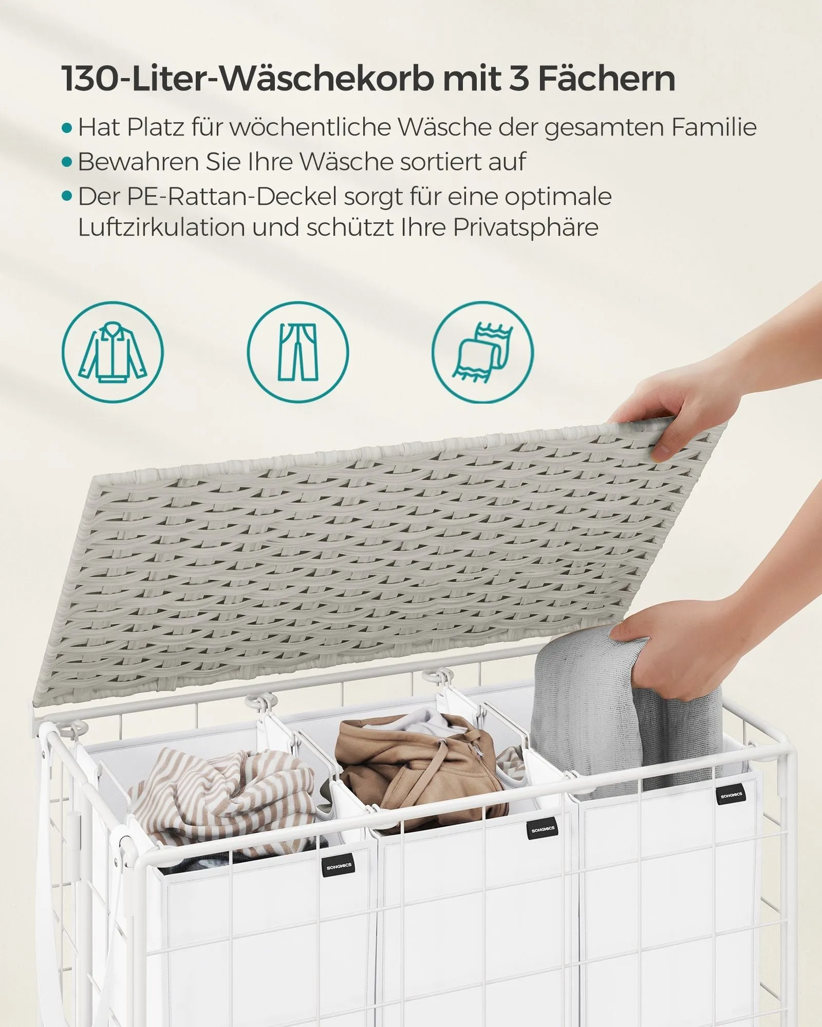 Rootz Laundry Basket with Wheels - White Basket - Rolling Hamper - Steel Construction - Oxford Cloth - 66cm x 33cm x 65cm
