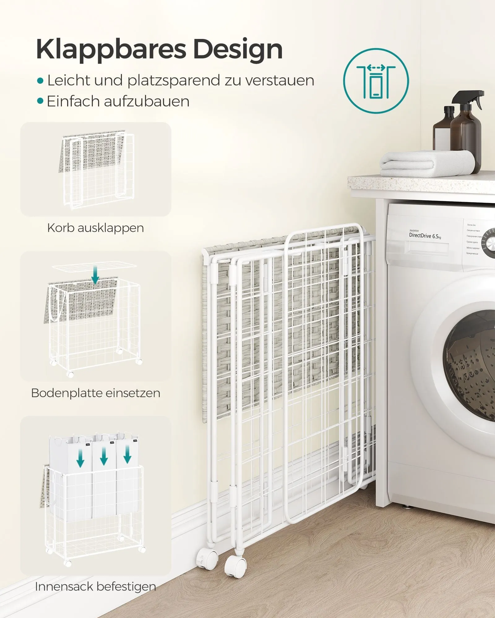Rootz Laundry Basket with Wheels - White Basket - Rolling Hamper - Steel Construction - Oxford Cloth - 66cm x 33cm x 65cm