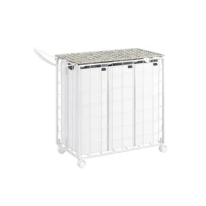 Rootz Laundry Basket with Wheels - White Basket - Rolling Hamper - Steel Construction - Oxford Cloth - 66cm x 33cm x 65cm