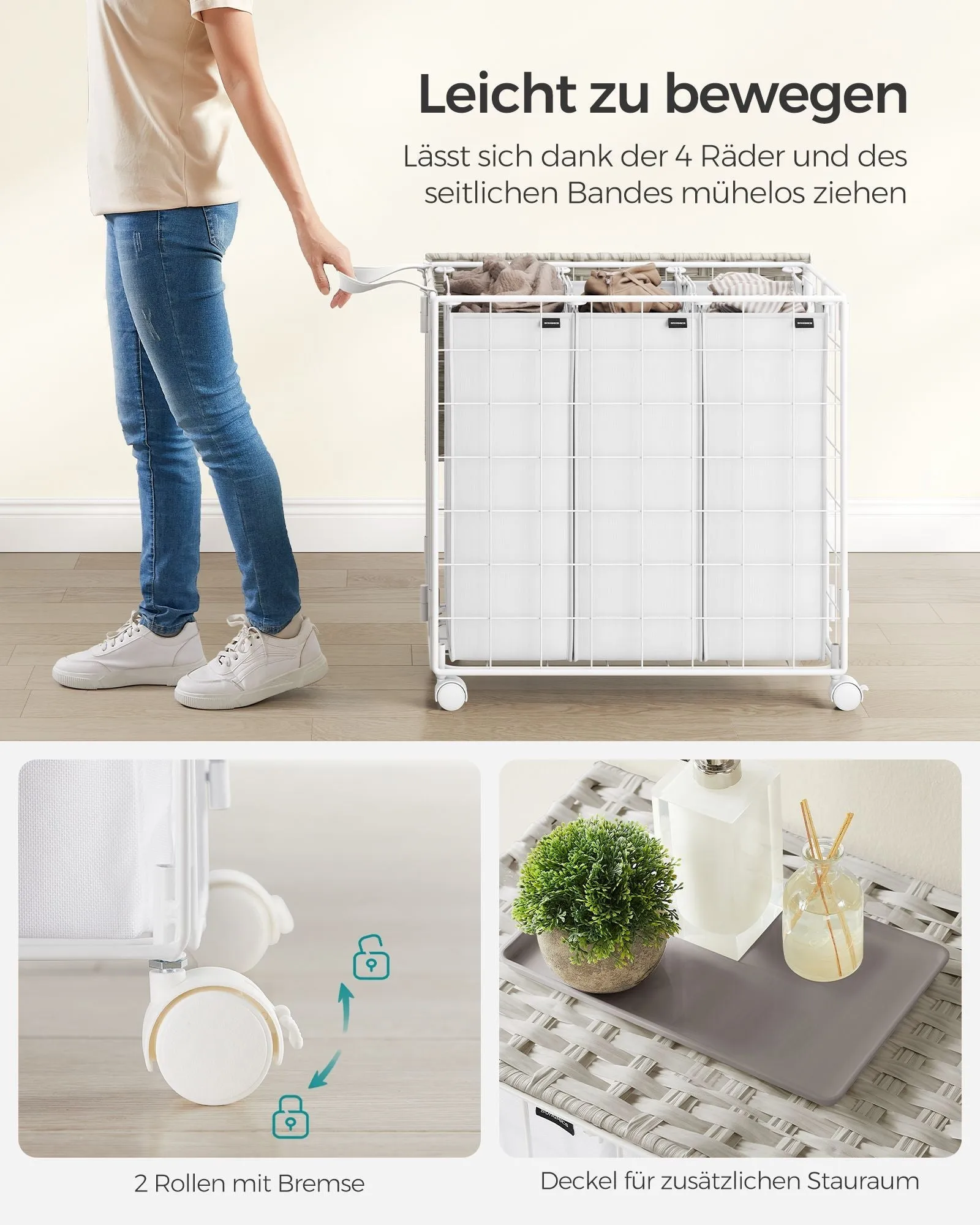 Rootz Laundry Basket with Wheels - White Basket - Rolling Hamper - Steel Construction - Oxford Cloth - 66cm x 33cm x 65cm