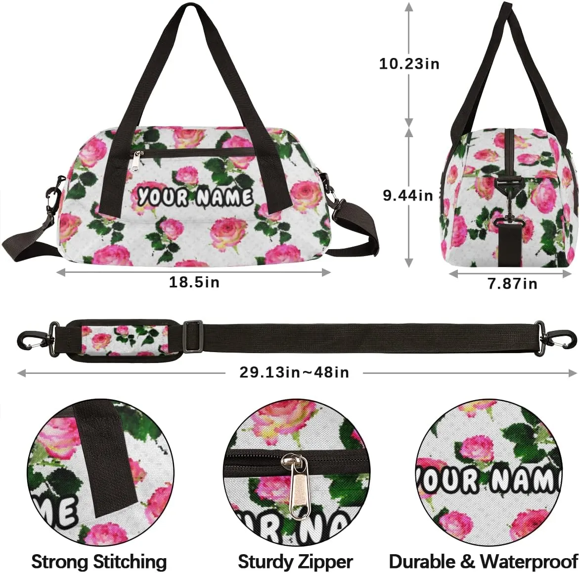 Rose Flower Personalized Kids Duffel Bag for Girls Boys, Rose Debris Custom Name Dance Bag Overnight Small Duffel Bag Carry On Weekend Sports Travel Bag for School Practice Gymnastics Ballet