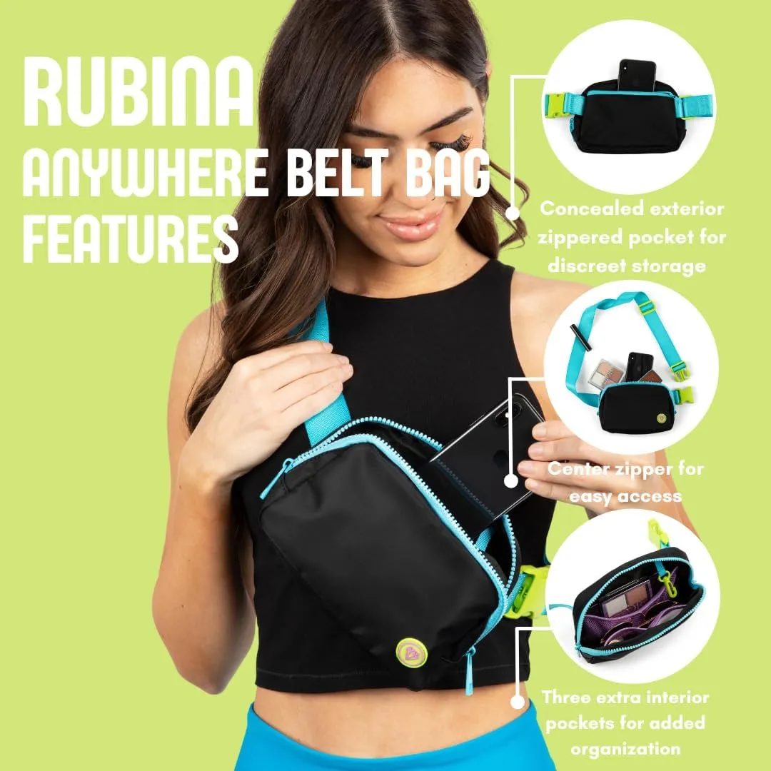 Rubina Anywhere Belt Bag | Crossbody Bag for Women | Unisex Hip Waist Pack for Hiking, Workout, Running, Traveling, Festivals | Chest Bag | Adjustable Strap | Neon Currents (Black)