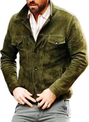 Ryan Reynolds Green Classic Real Suede Leather Stylish Costume Jacket For Men