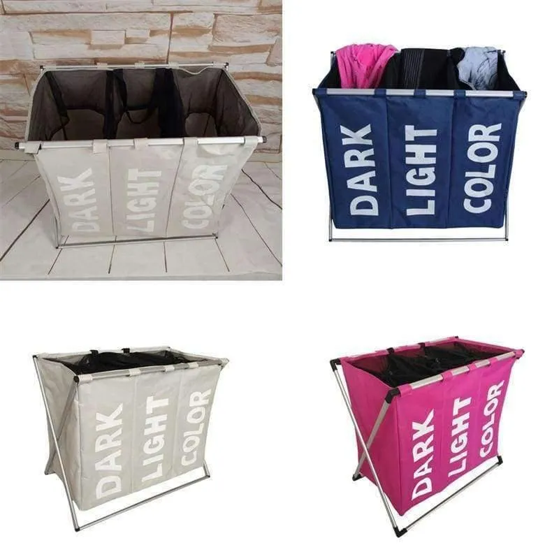 Rynx | Laundry Storage Organization Basket Collapsible Laundry Basket Bathroom Laundry Bag Product Triple Compartment