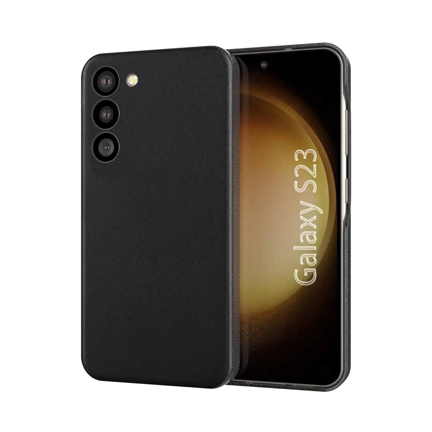 Samsung Galaxy S23 Leather Case with Logo and Side Button Cutout - Black