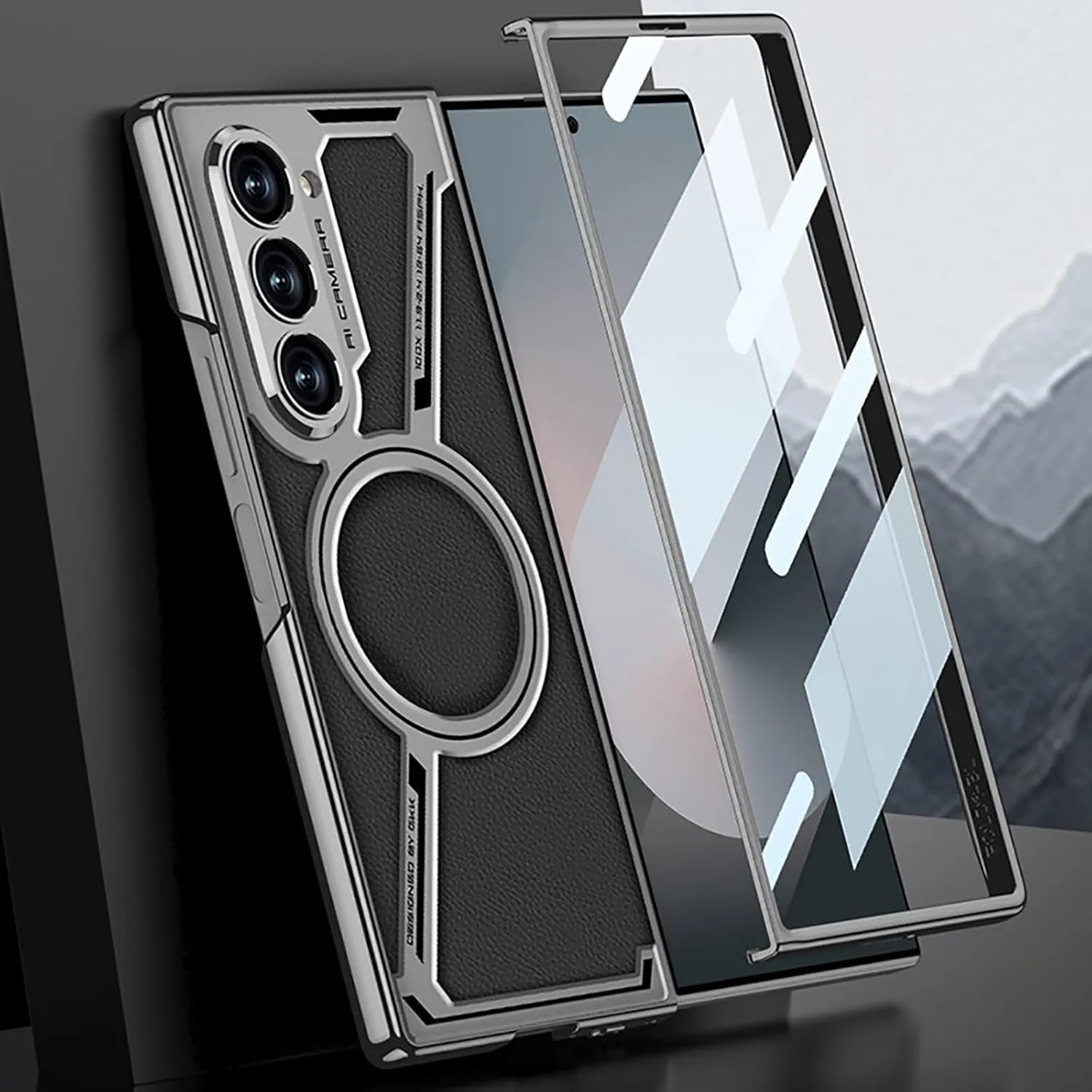 Samsung Galaxy Z Fold6 GKK Z Leather Shockproof Case with Glass - Titanium