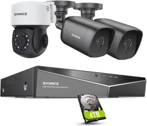 SANNCE 16 Channel Security CCTV Camera System 1080P, 2MP CCTV DVR with 4TB Hard Drive, 2X 1080P Bullet Surveillance Cameras, 1x PT Digital Zoom Dome Camera, Outdoor/Indoor Email & APP Alert