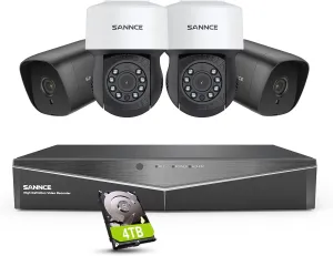 SANNCE 8 Channel Security CCTV Camera System 1080P, 2MP CCTV DVR with 4TB Hard Drive, 2X 1080P Bullet Surveillance Cameras, 2X PT Digital Zoom Dome Camera, Outdoor/Indoor Email & APP Alert