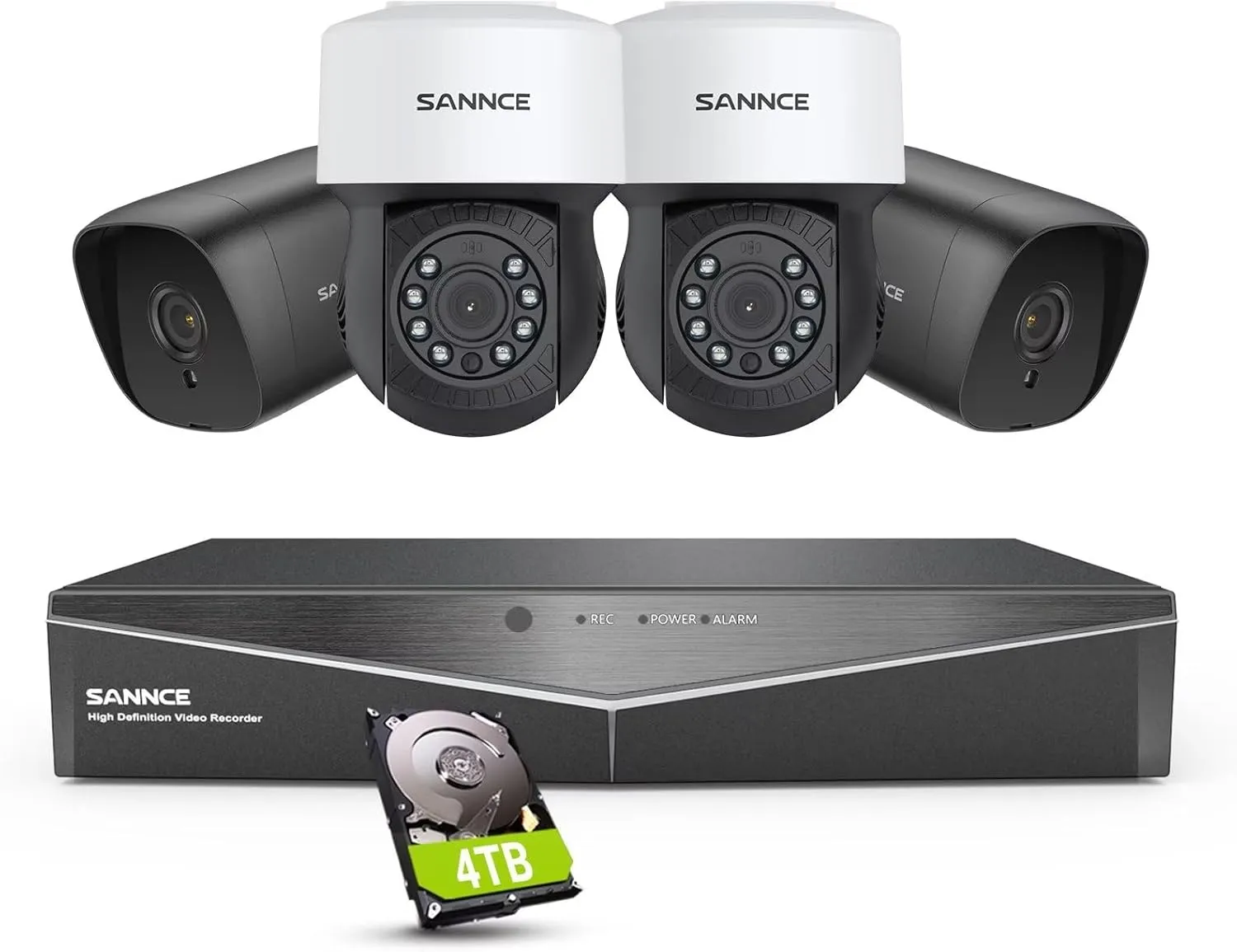 SANNCE 8 Channel Security CCTV Camera System 1080P, 2MP CCTV DVR with 4TB Hard Drive, 2X 1080P Bullet Surveillance Cameras, 2X PT Digital Zoom Dome Camera, Outdoor/Indoor Email & APP Alert