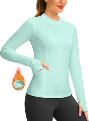 SANTINY Long Sleeve Thermal Shirts for Women Fleece Mock Neck Tops Winter Workout Running Gear with Zipper Pockets