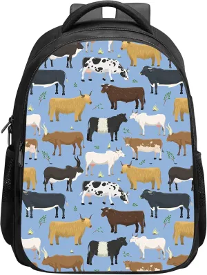 SARA NELL Bulls and Cows Farm Animal Cattle Backpack for Boys Girls, Durable Bookbag with 2 Main Compartment, Side Pockets, Kindergarten Elementary Backpack, 15.7 Inches