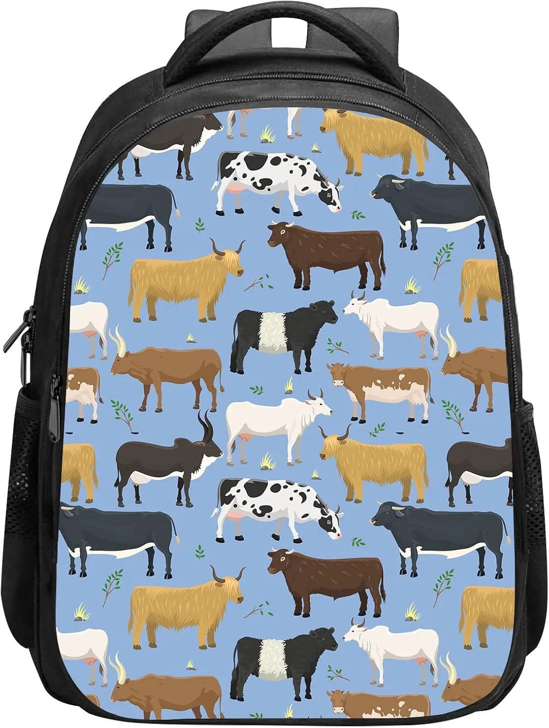 SARA NELL Bulls and Cows Farm Animal Cattle Backpack for Boys Girls, Durable Bookbag with 2 Main Compartment, Side Pockets, Kindergarten Elementary Backpack, 15.7 Inches