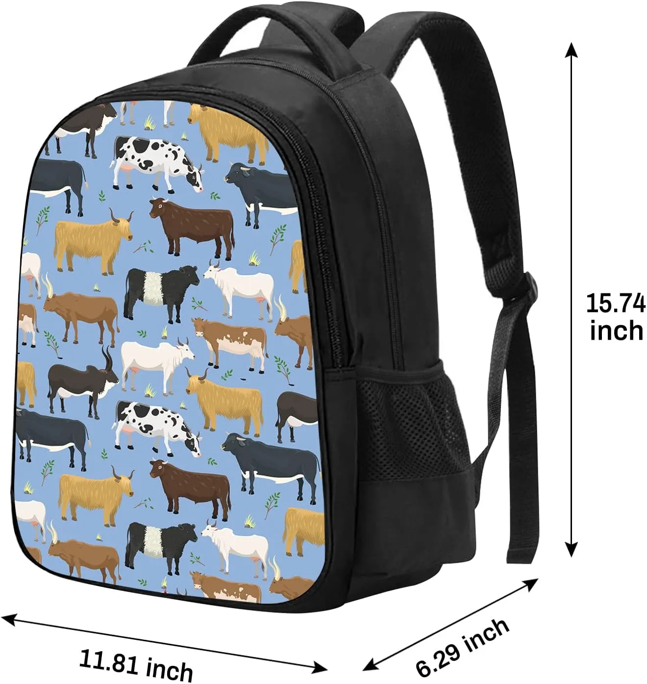 SARA NELL Bulls and Cows Farm Animal Cattle Backpack for Boys Girls, Durable Bookbag with 2 Main Compartment, Side Pockets, Kindergarten Elementary Backpack, 15.7 Inches