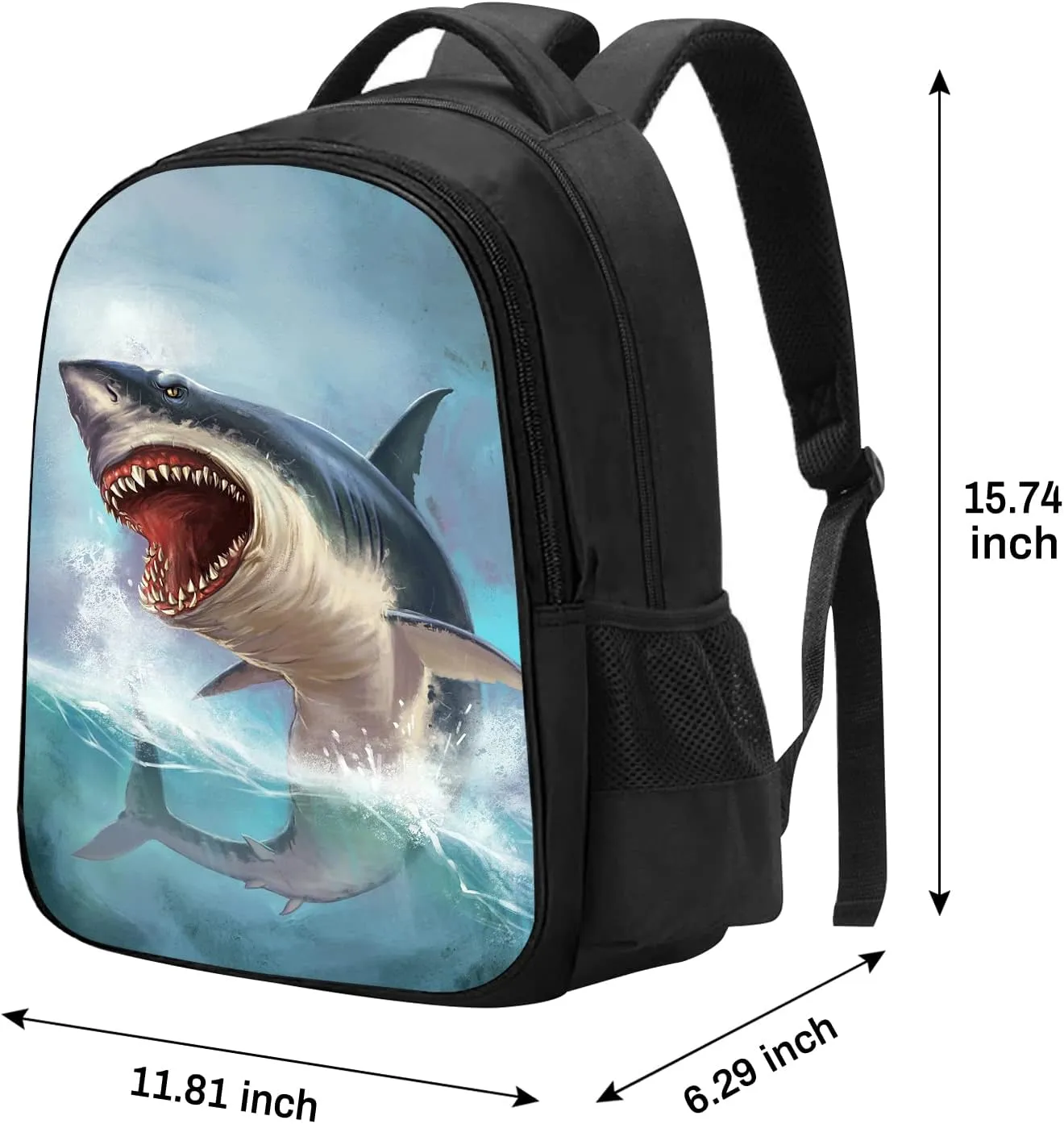 SARA NELL Cool Fierce Shark School Backpack for Boys Girls, Durable Bookbag with 2 Main Compartment, Side Pockets, Kindergarten Elementary Backpack, 15.7 Inches