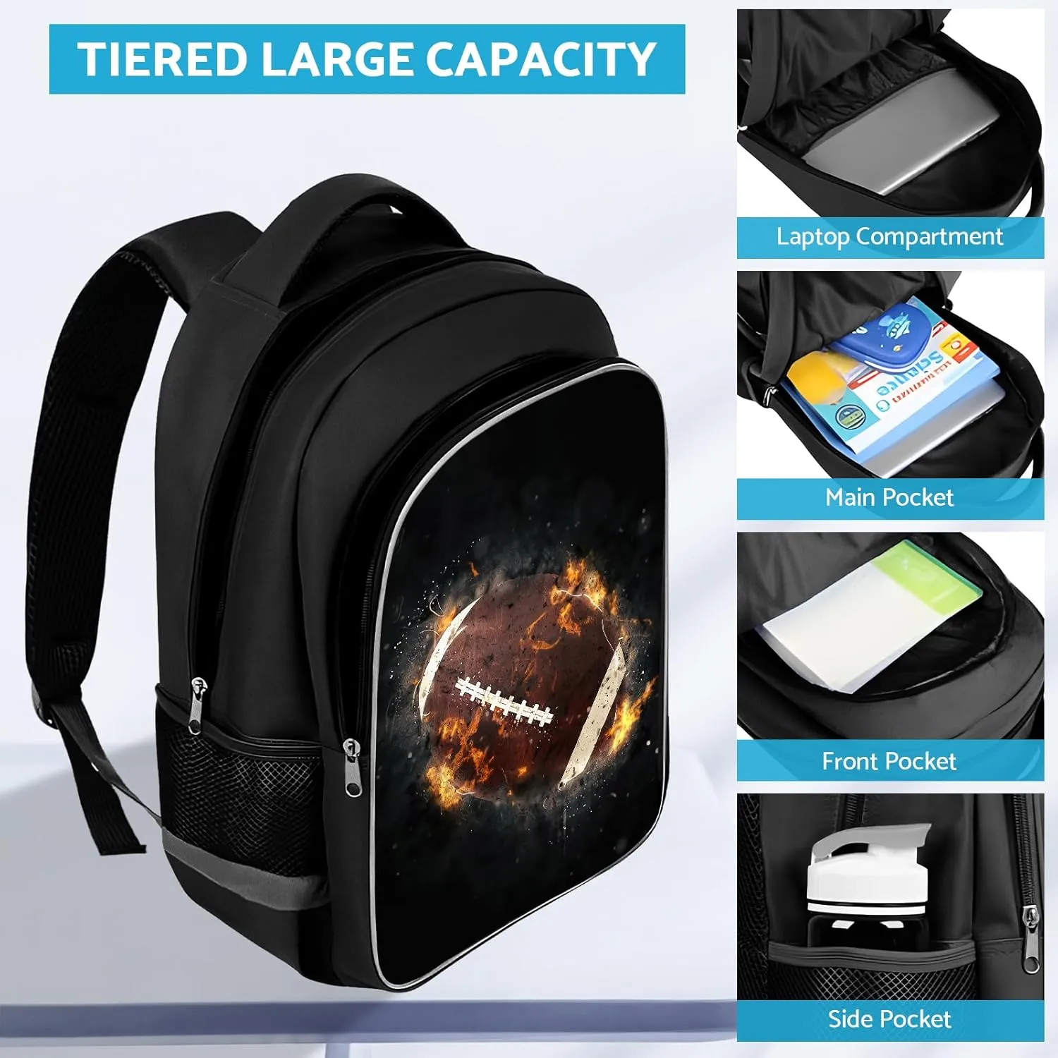 School Backpack for Boys - American Football Boys Backpack for Kids Children Teens Elementary Middle School - Students Bag for Ages 6-18,17″Bookbag Multifunctional Large Capacity