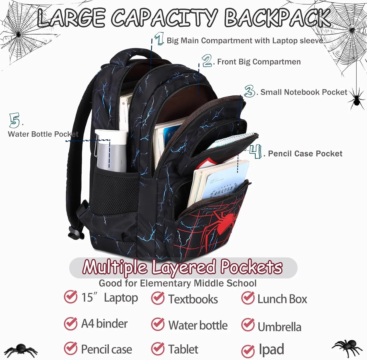 School Backpack for Boys Girls, Teens Bookbag with Lunch Box Set Kids Backpack Elementary Middle Teens School Bag