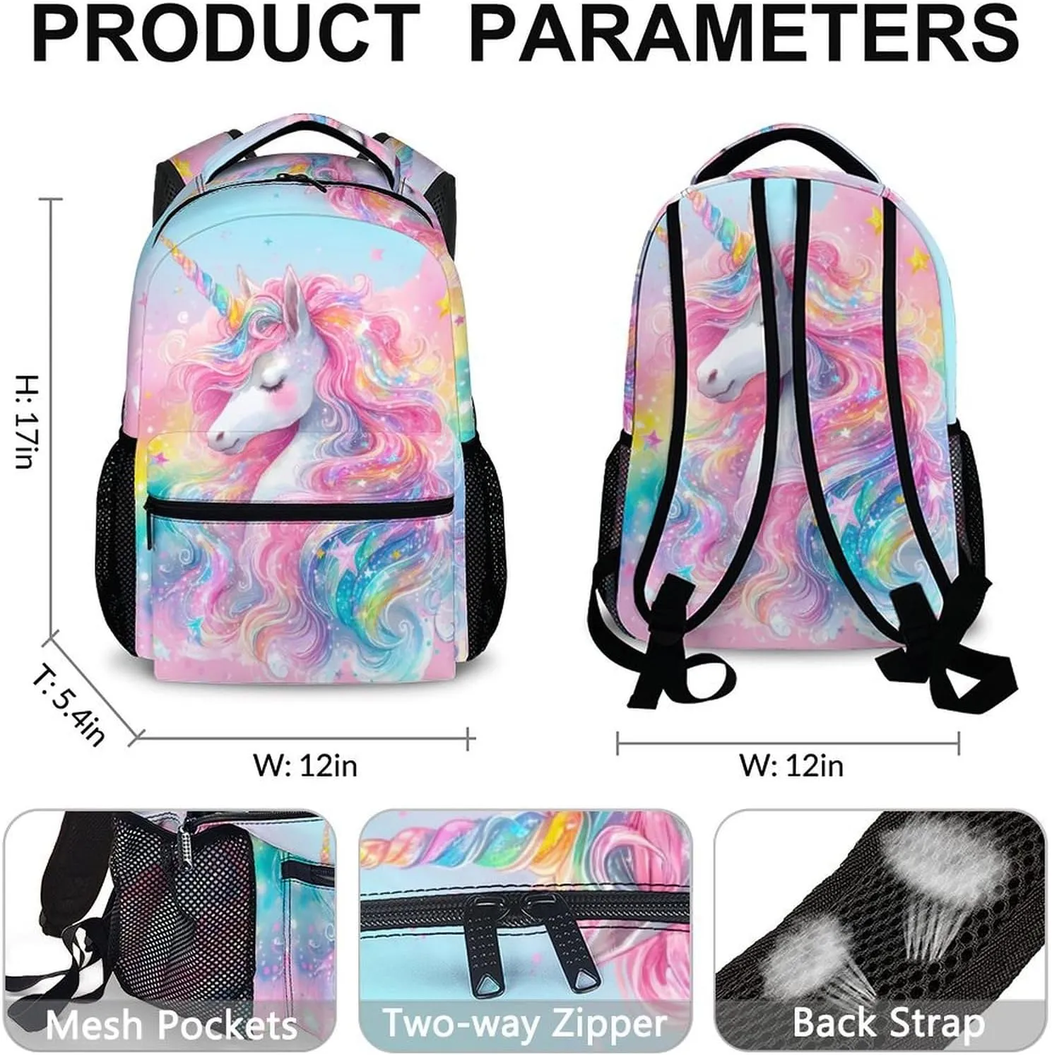 School Backpack for Kids Girls, 17 Inch Unicorn Bookbag for Girls Age 6-8, Pink Lightweight School Bag for Preschool, Primary, Kindergarten School Supplies