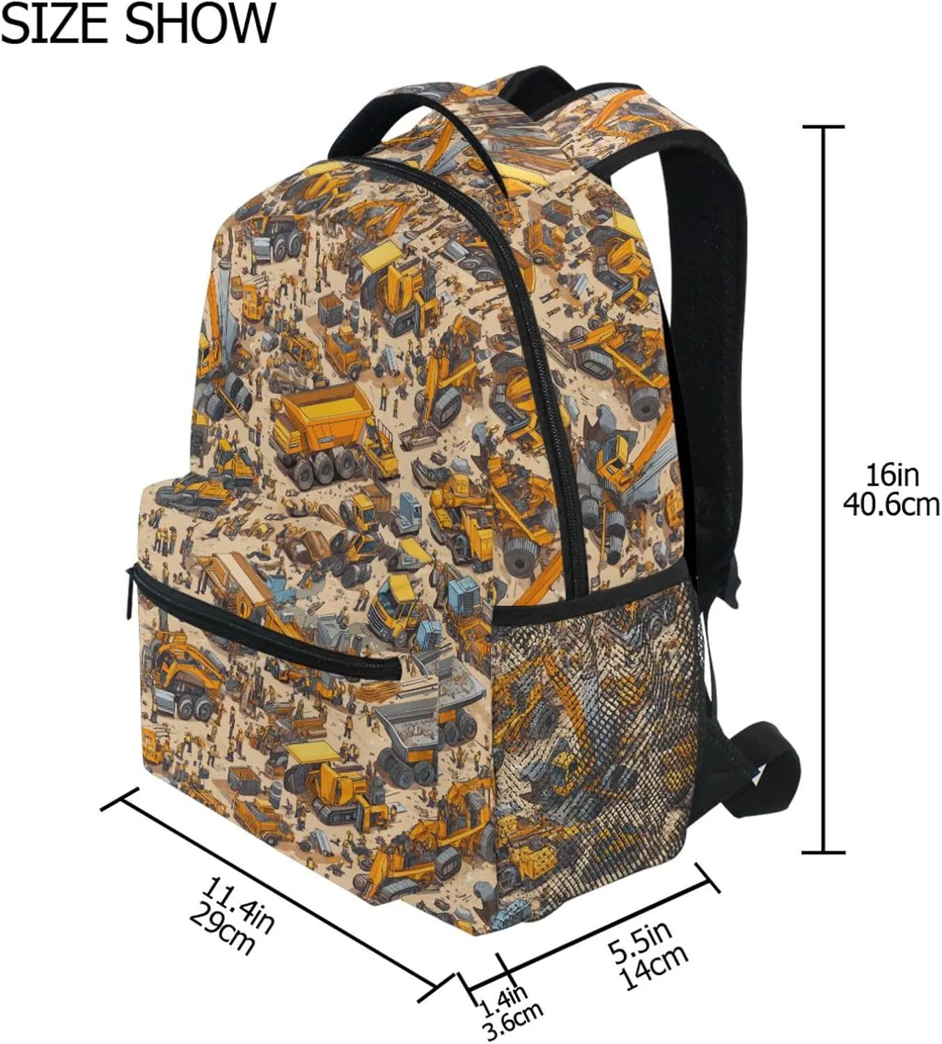 School Backpack for Men and Women Fashion Laptop Bag with Chest Strap for Business Work College Travel Trip Construction Scene Build Tall Buildings Bulldozer