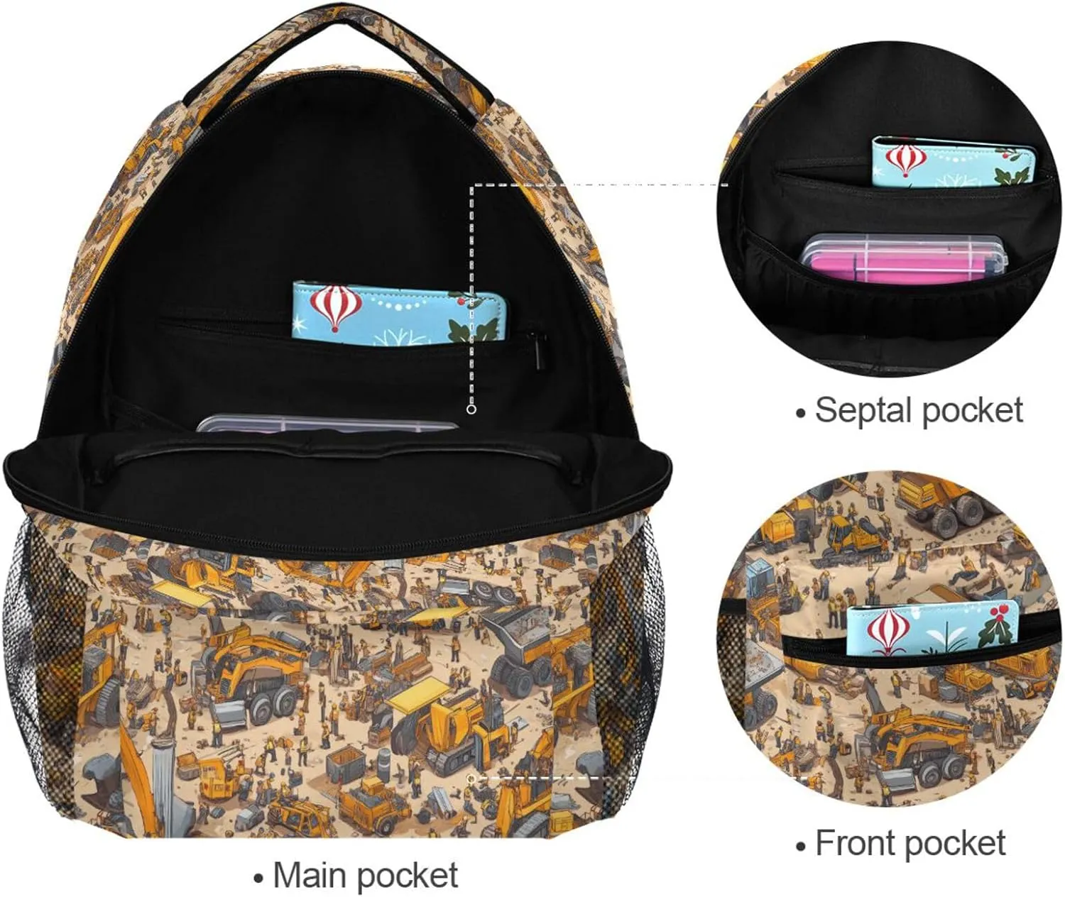 School Backpack for Men and Women Fashion Laptop Bag with Chest Strap for Business Work College Travel Trip Construction Scene Build Tall Buildings Bulldozer