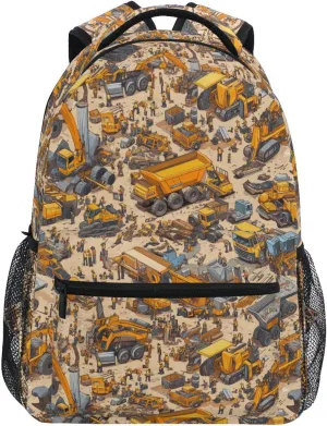 School Backpack for Men and Women Fashion Laptop Bag with Chest Strap for Business Work College Travel Trip Construction Scene Build Tall Buildings Bulldozer