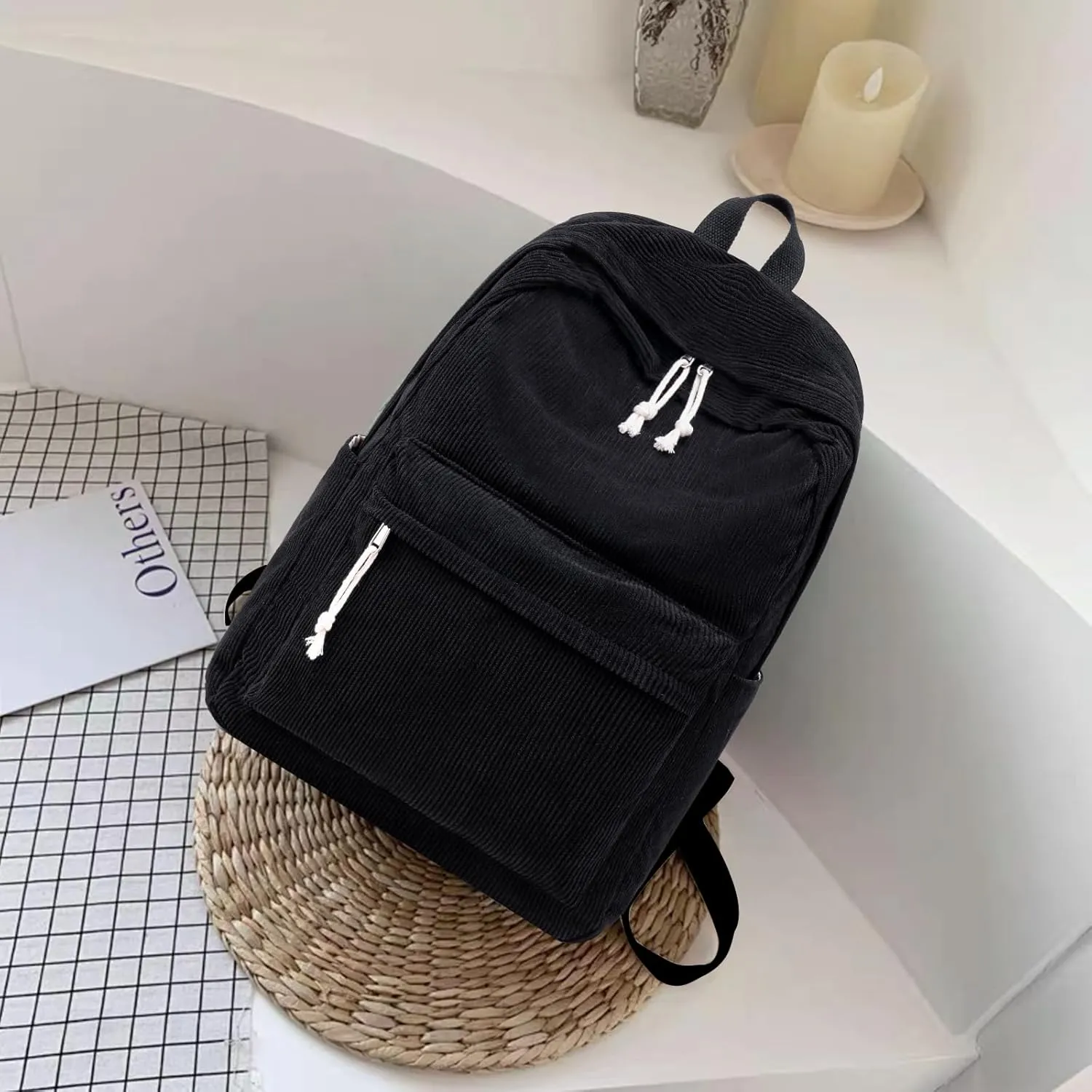 School Backpack for Teen Girls Bookbags Elementary High School Corduroy Laptop Bags Women Travel Daypacks (Corduroy Black)