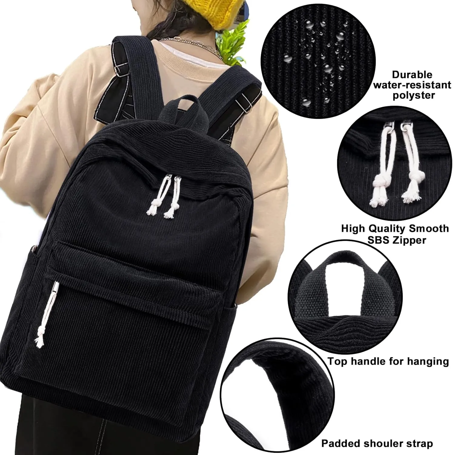 School Backpack for Teen Girls Bookbags Elementary High School Corduroy Laptop Bags Women Travel Daypacks (Corduroy Black)