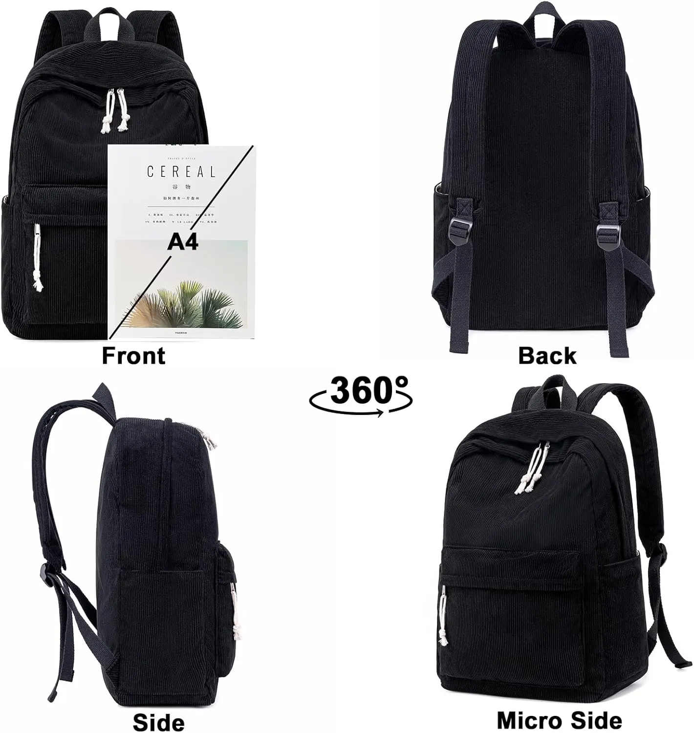 School Backpack for Teen Girls Bookbags Elementary High School Corduroy Laptop Bags Women Travel Daypacks (Corduroy Black)
