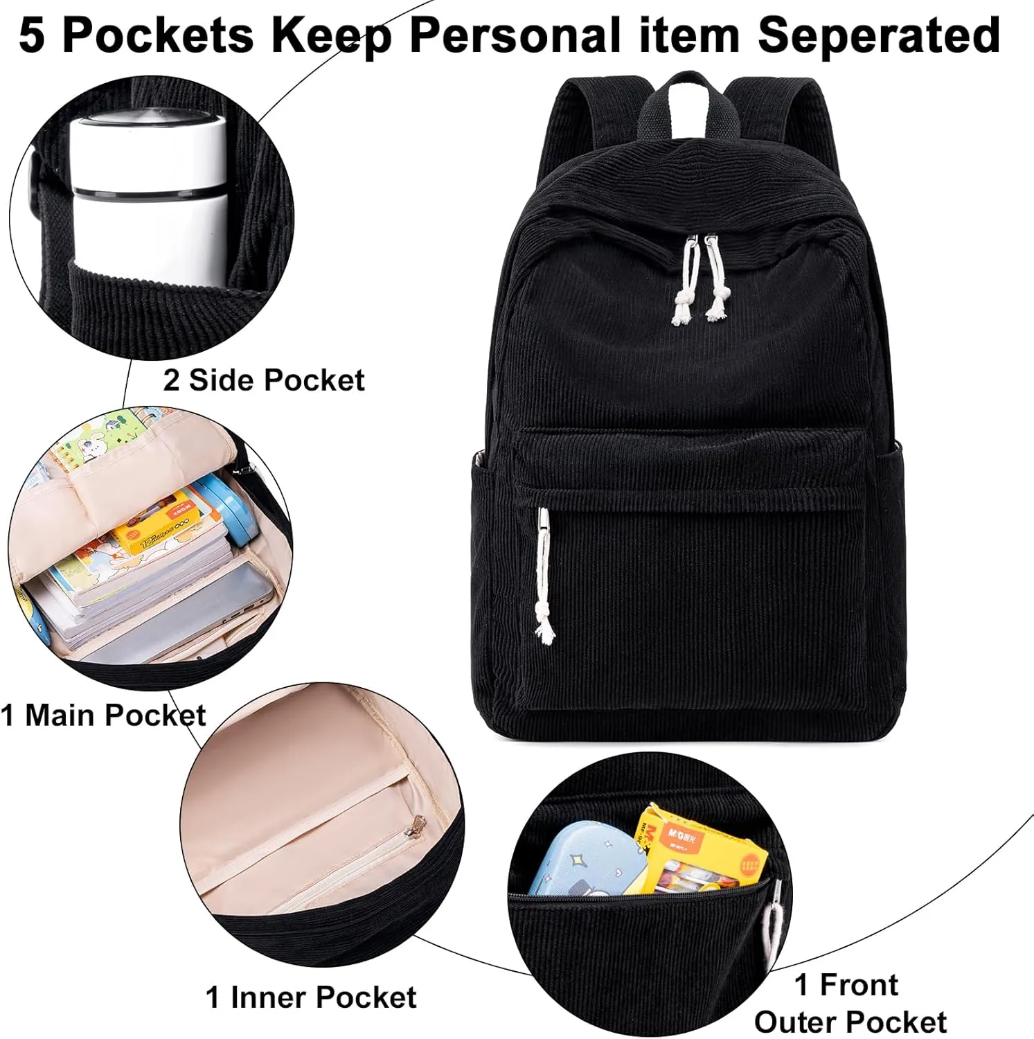School Backpack for Teen Girls Bookbags Elementary High School Corduroy Laptop Bags Women Travel Daypacks (Corduroy Black)