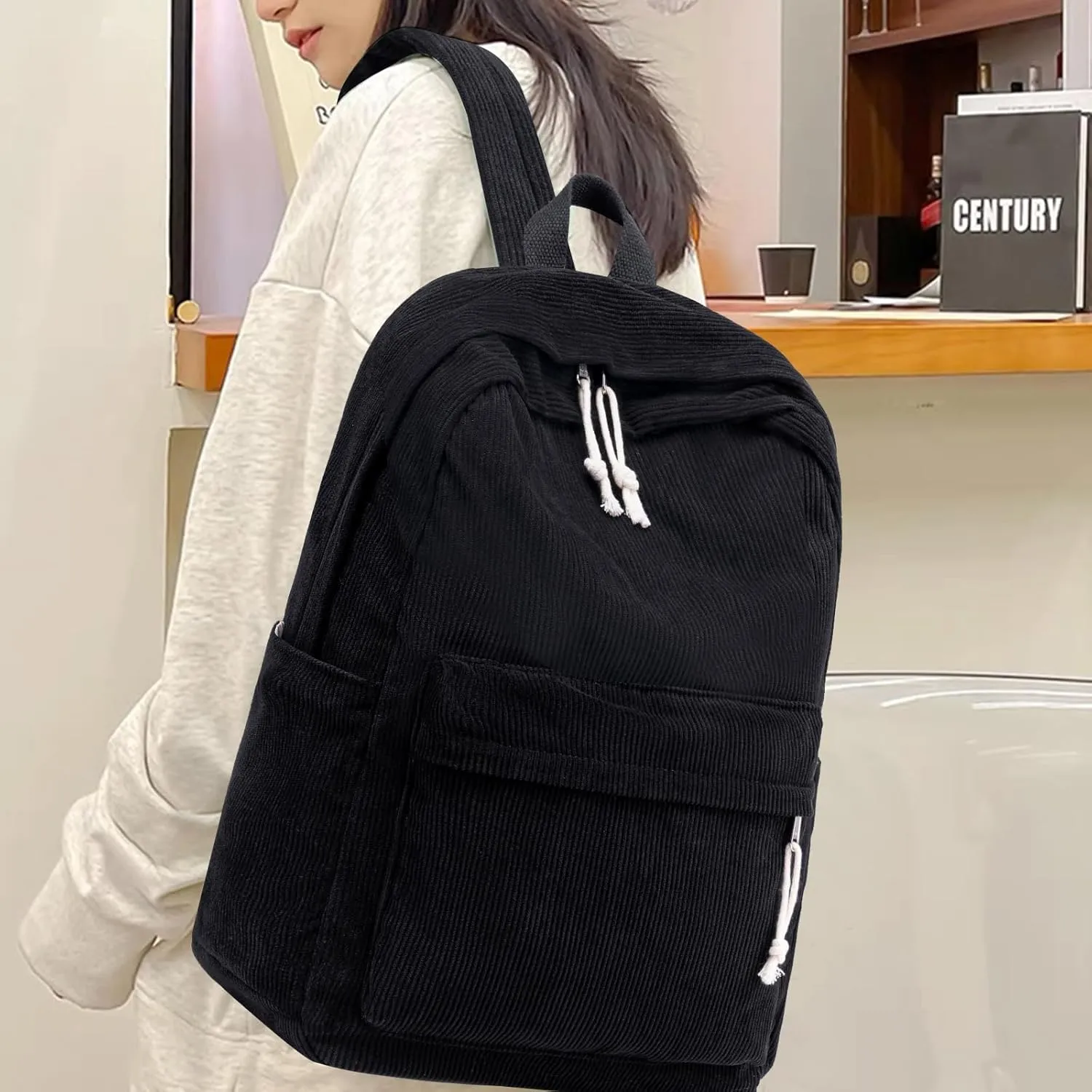 School Backpack for Teen Girls Bookbags Elementary High School Corduroy Laptop Bags Women Travel Daypacks (Corduroy Black)