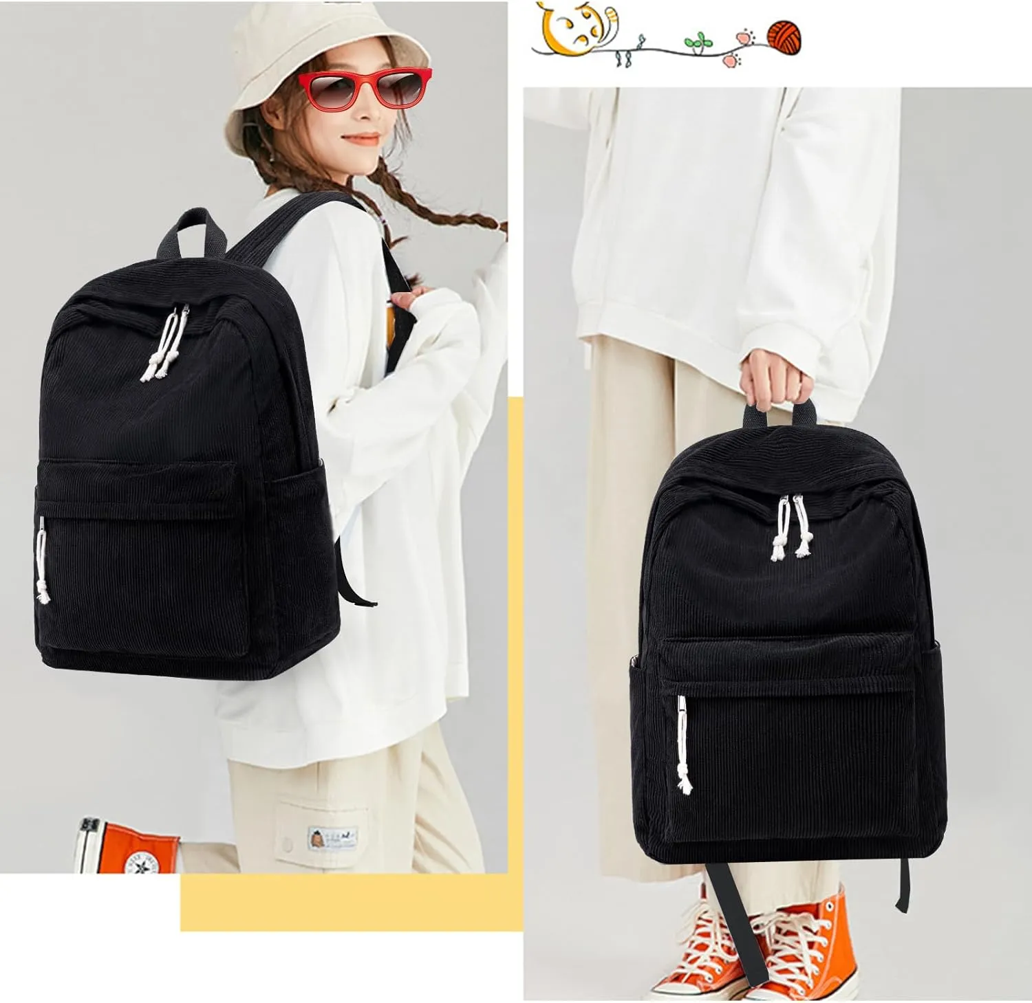 School Backpack for Teen Girls Bookbags Elementary High School Corduroy Laptop Bags Women Travel Daypacks (Corduroy Black)