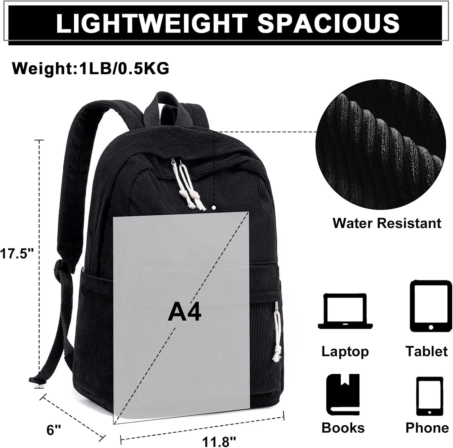 School Backpack for Teen Girls Bookbags Elementary High School Corduroy Laptop Bags Women Travel Daypacks (Corduroy Black)