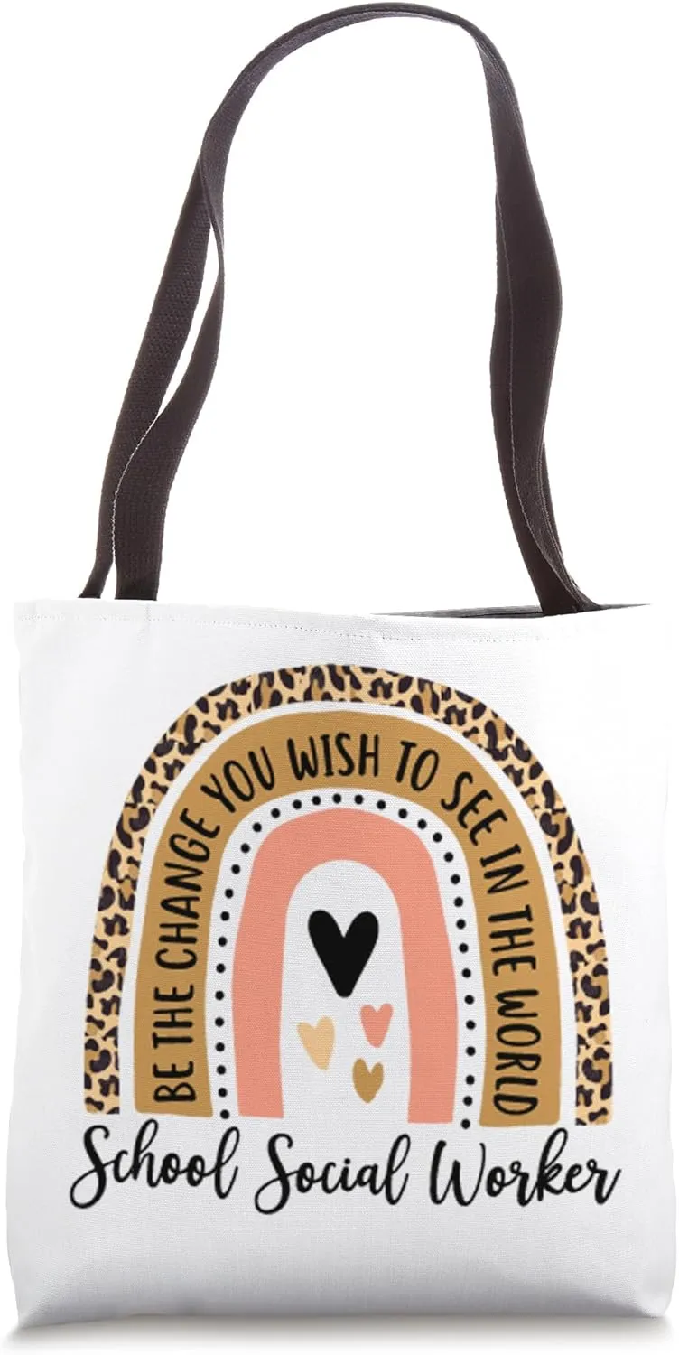School Social Worker Leopard Rainbow Cute Work Love Teacher Tote Bag