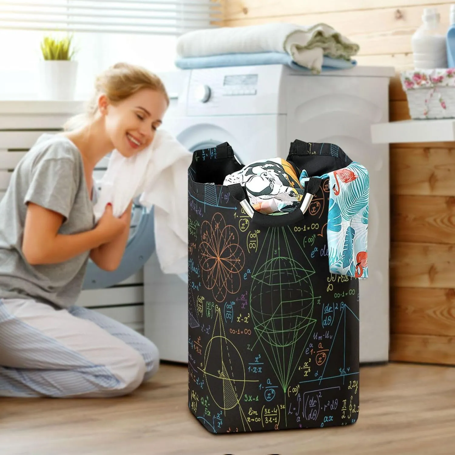 Scientific Math Figures Large Laundry Baskets Washing Hamper Bag Formulas Calculations Dirty Clothes Storage Bin Toy book Clothing Holder With Handles For Home Bathroom Bedroom 50L