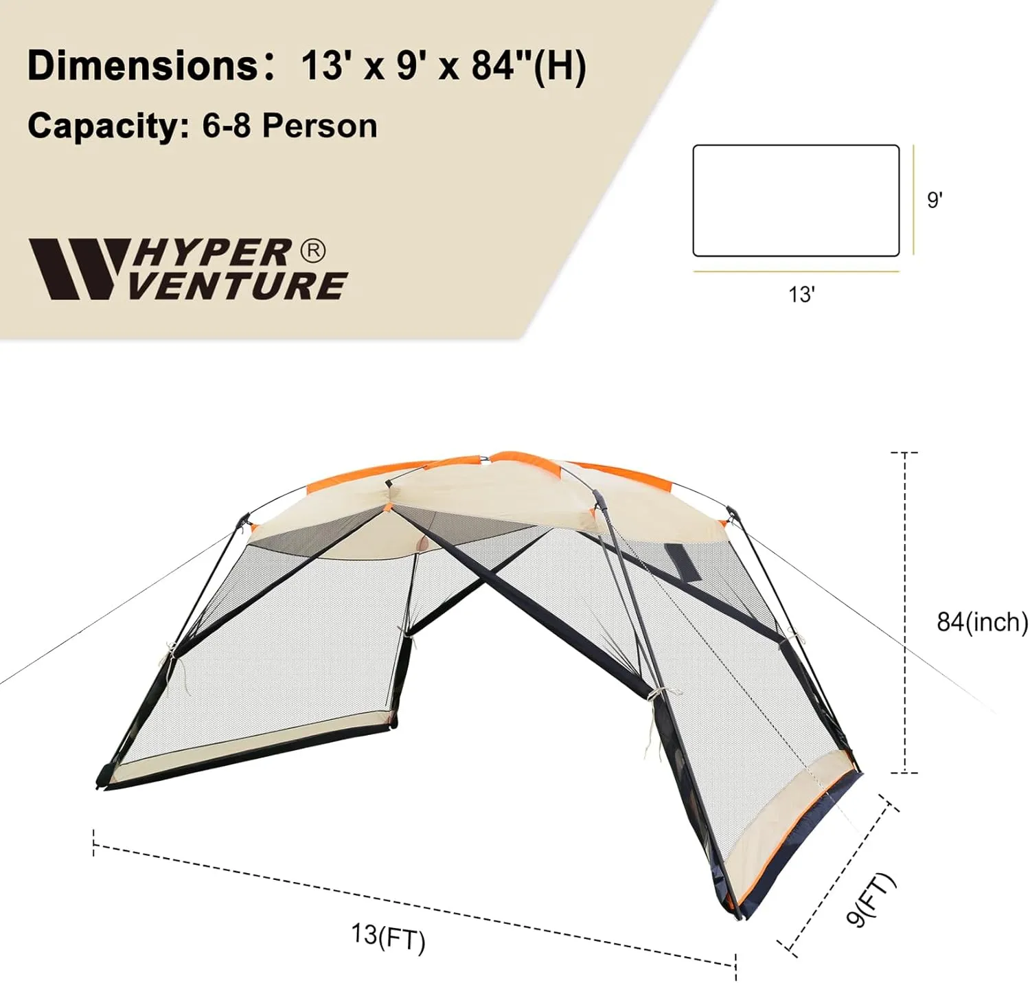 Screen House 13x9 FT 4 Mesh Walls Canopy Tent Camping Gazebo Shelter for 6-8 People Outdoor Party Activities, Khaki