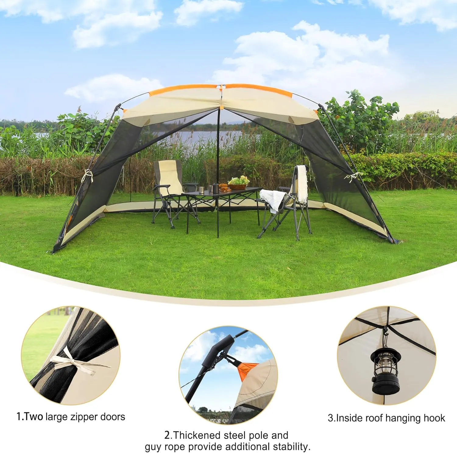Screen House 13x9 FT 4 Mesh Walls Canopy Tent Camping Gazebo Shelter for 6-8 People Outdoor Party Activities, Khaki