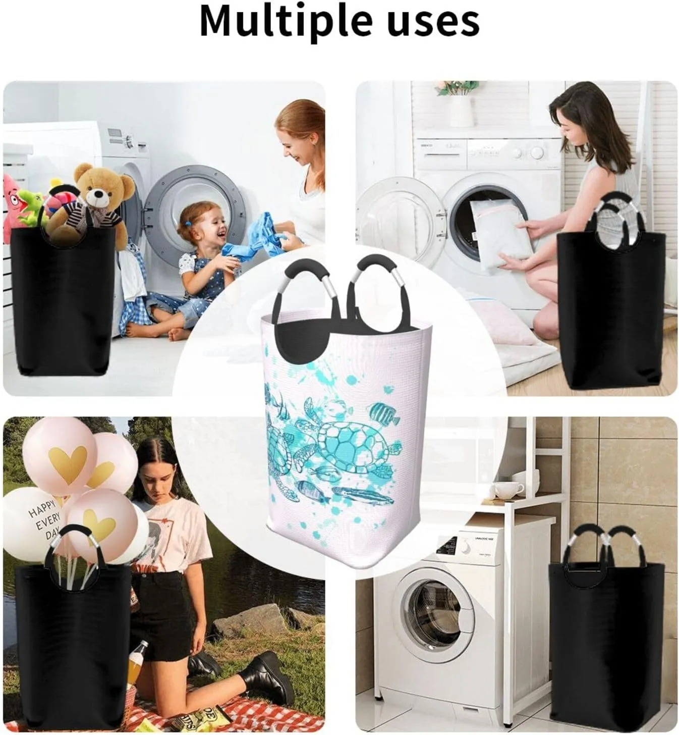 Sea Turtle Laundry Basket - Collapsible Ocean Fish Decor Hamper for Beach, Bathroom, Family & Dorm - 50L